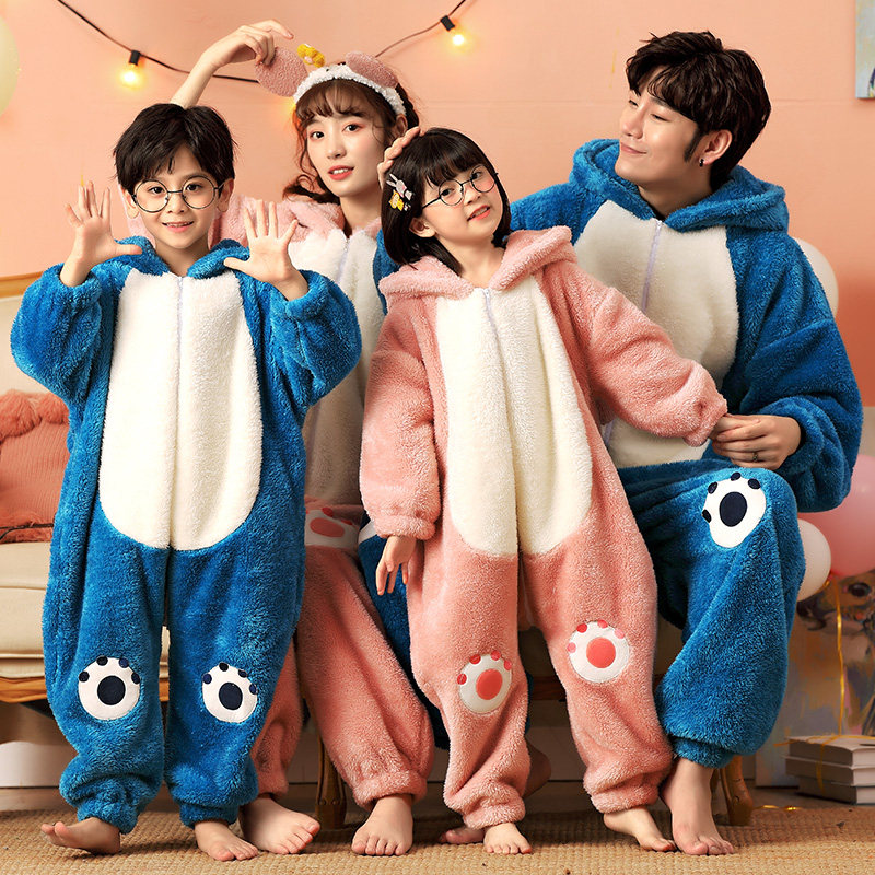 连体睡衣儿童珊瑚绒加厚冬款可爱卡通亲子装一家三口母女童装戴帽