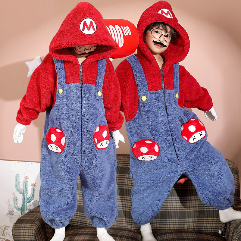 女童珊瑚绒睡袋儿童冬季连体加厚睡衣男童2025新款超级玛丽家居服