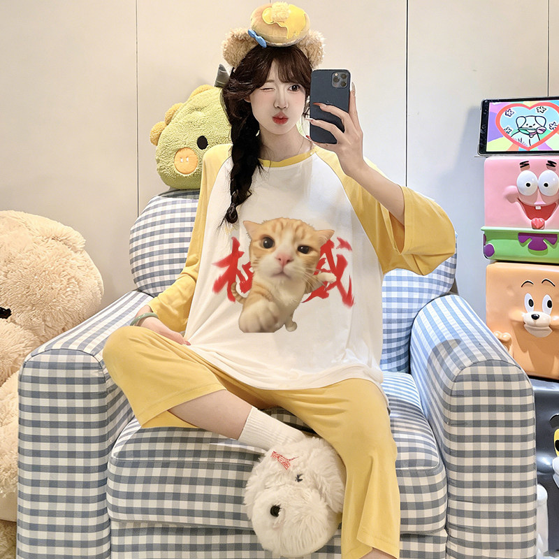 女款睡衣猫meme抽象搞怪衣服莫代尔夏季薄款短袖套装少女生家居服
