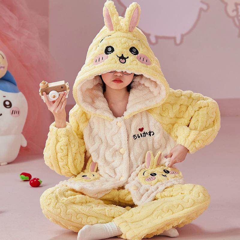 乌萨奇珊瑚绒睡袍儿童2024款冬季加绒加厚睡衣女孩初中生女童浴袍