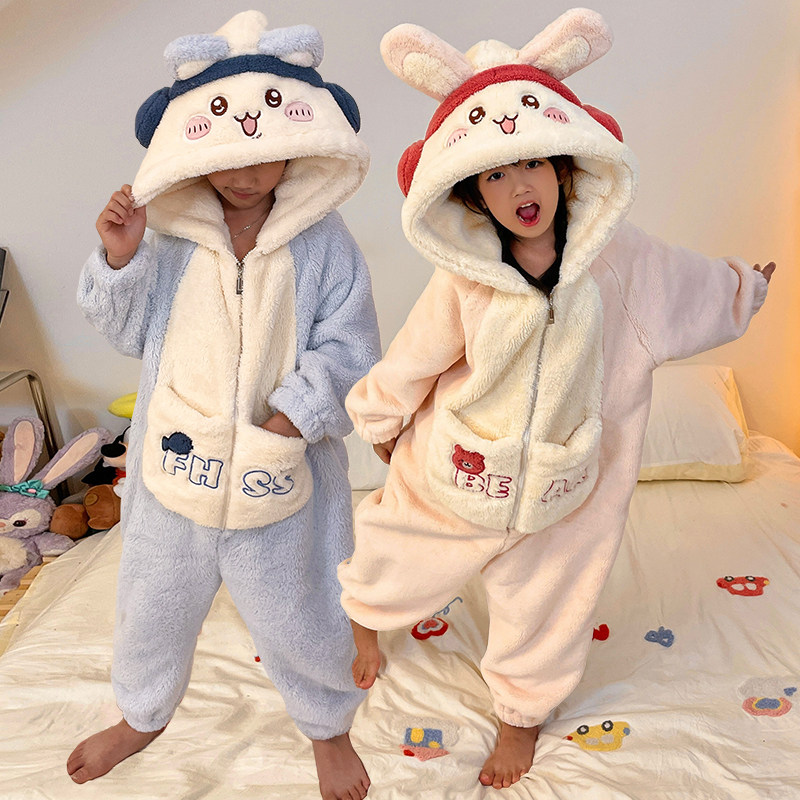 儿童冬季连体睡衣男女孩吉伊卡哇可外穿家居服珊瑚绒冬款宝宝睡袋