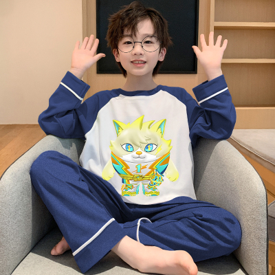 男童睡衣长袖儿童棉绸套装青少年