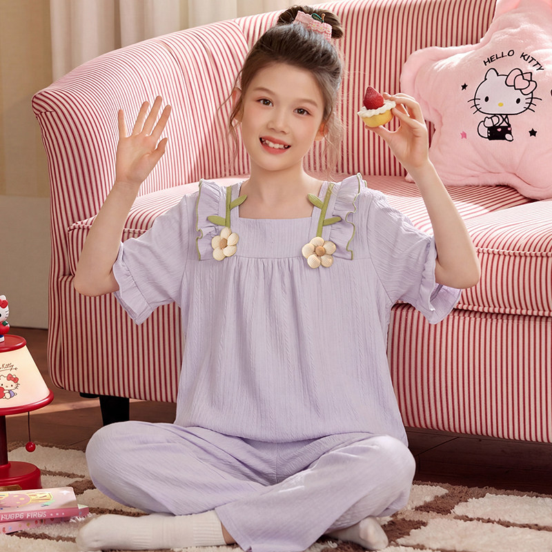儿童棉绸睡衣女童薄夏季短袖套装图片