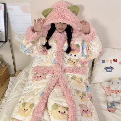 冬季保暖套装少女夹棉睡袍家居服