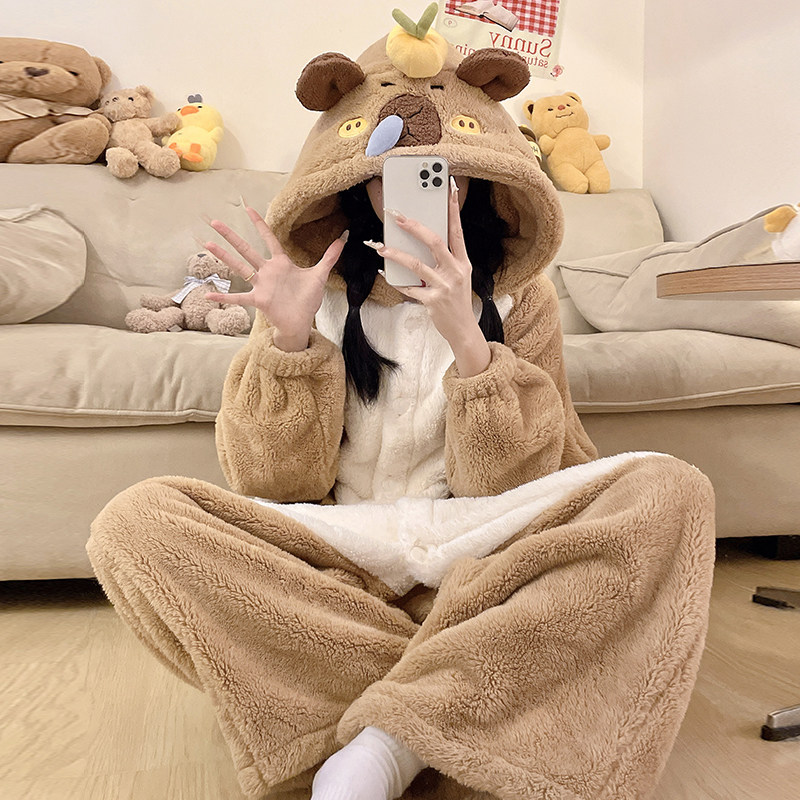 女款睡衣冬款珊瑚绒加厚加绒睡袍少女2025新款卡皮巴拉连体家居服