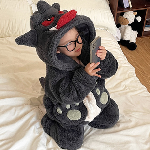 儿童睡衣宝宝保暖睡袋男童宝可梦耿鬼家居服珊瑚绒冬季男孩连体衣