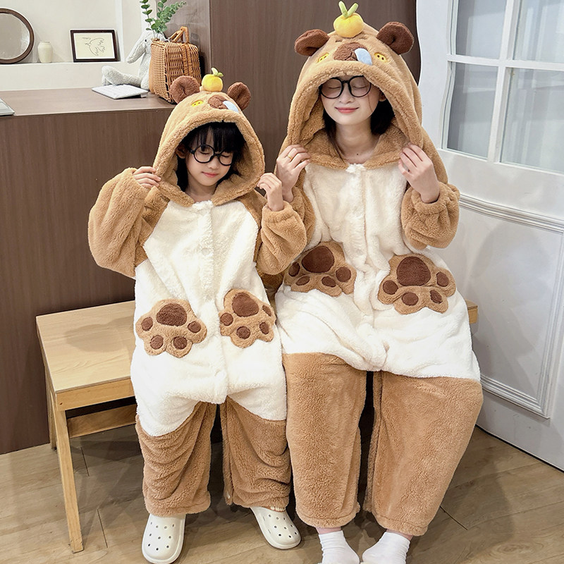 珊瑚绒冬季母女连体衣睡袍两穿式家居服卡皮巴拉儿童睡衣亲子套装