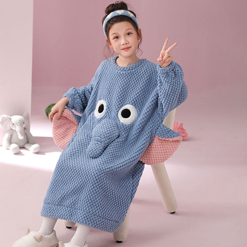 冬季儿童睡衣女童珊瑚绒连体衣中大童加厚睡袋家居服女孩小象冬装