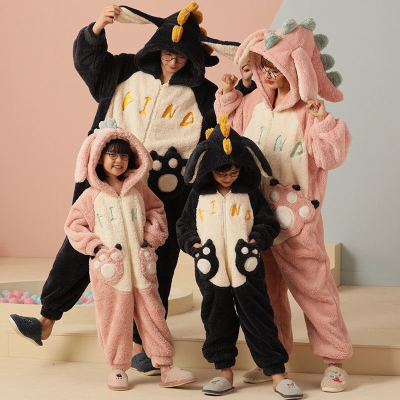 亲子睡衣一家人三口四口装冬季儿童连体衣加厚珊瑚绒男童卡通母女