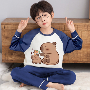 卡皮巴拉男孩秋天纯棉家居服 男童睡衣春秋季 儿童长袖 长裤 两件套装