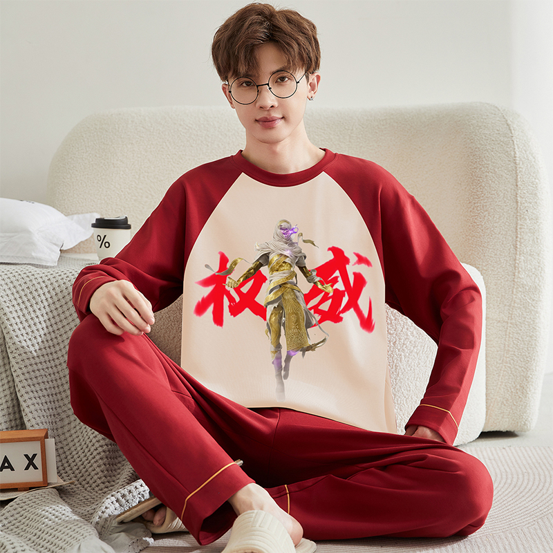 本命年睡衣男款纯棉红色长袖套装