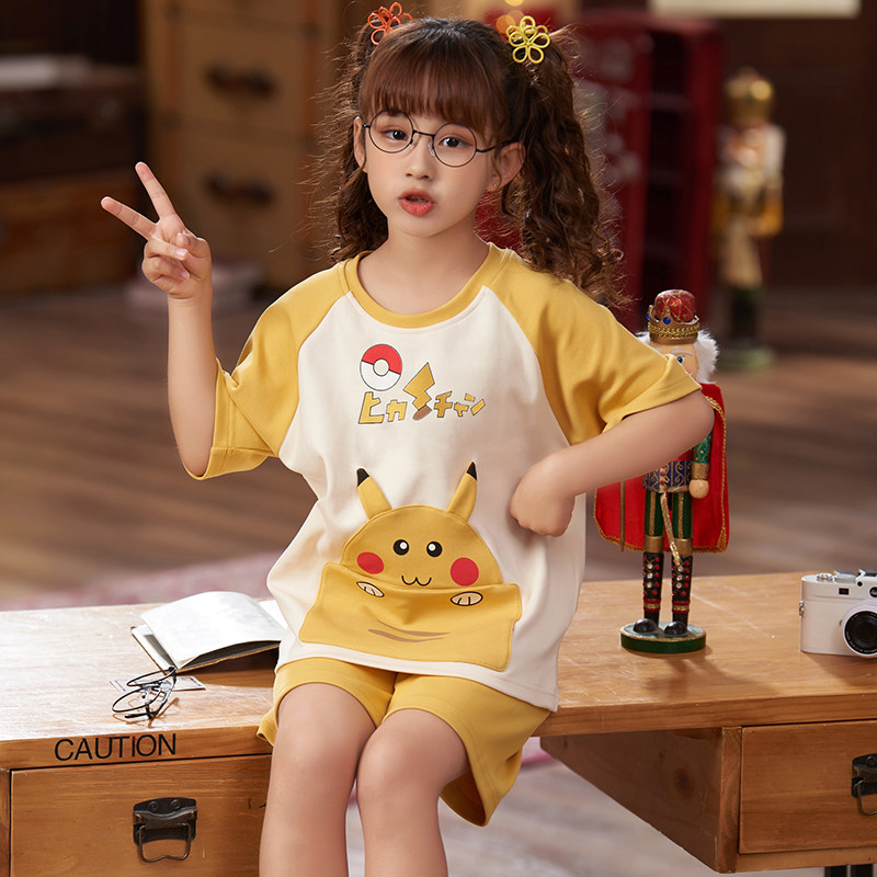儿童睡衣女孩短袖纯棉薄款夏季可爱皮卡丘卡通套装女中大童家居服