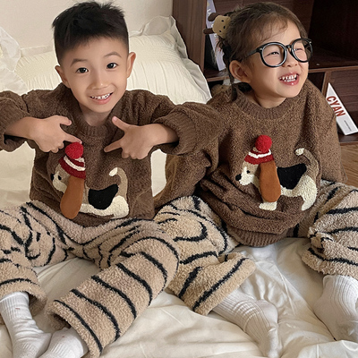 男童冬季珊瑚绒女童家居服套装