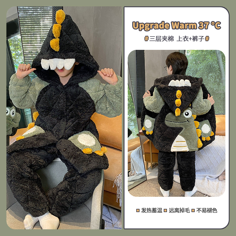 儿童睡衣男孩冬季三层夹棉加厚款珊瑚绒睡袍青少年家居服2024新款