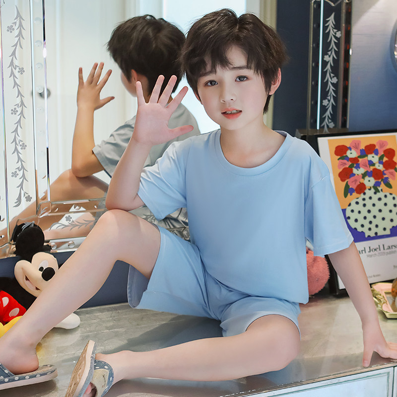 莫代尔夏季儿童薄款睡衣男孩男宝宝纯色家居服套装男童短袖两件套