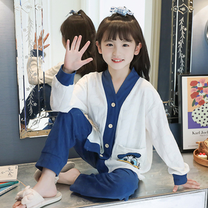 女童睡衣纯棉春秋儿童中大童全棉薄款可爱女孩秋季开衫家居服套装
