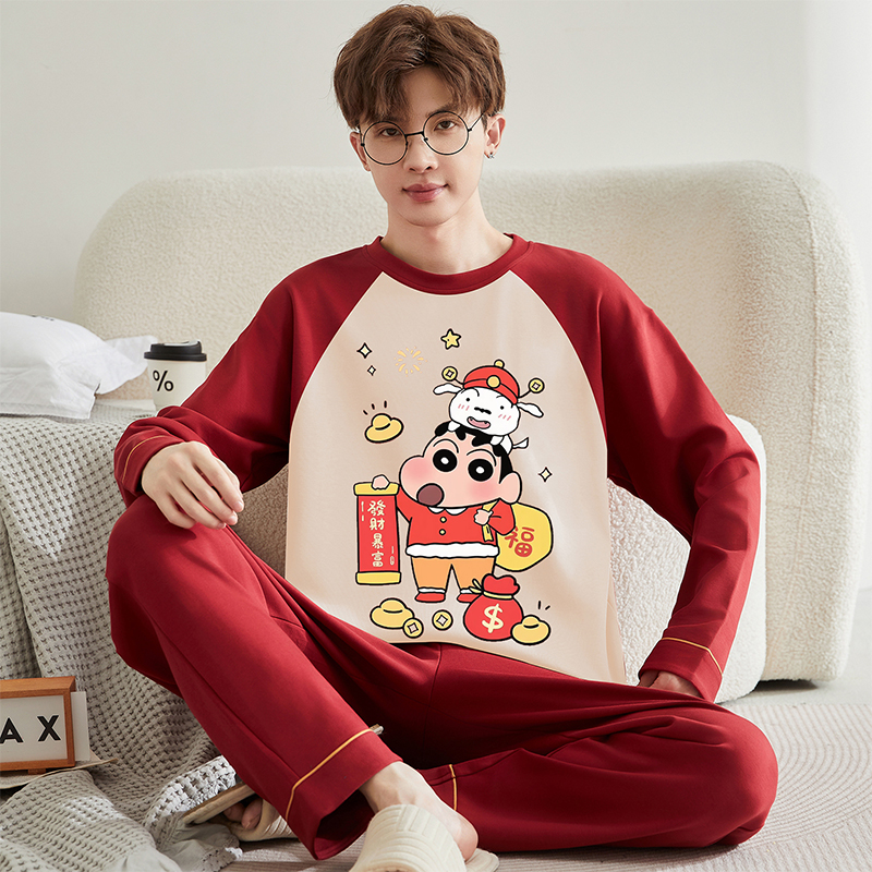 睡衣男春秋长袖套装纯棉红色内衣
