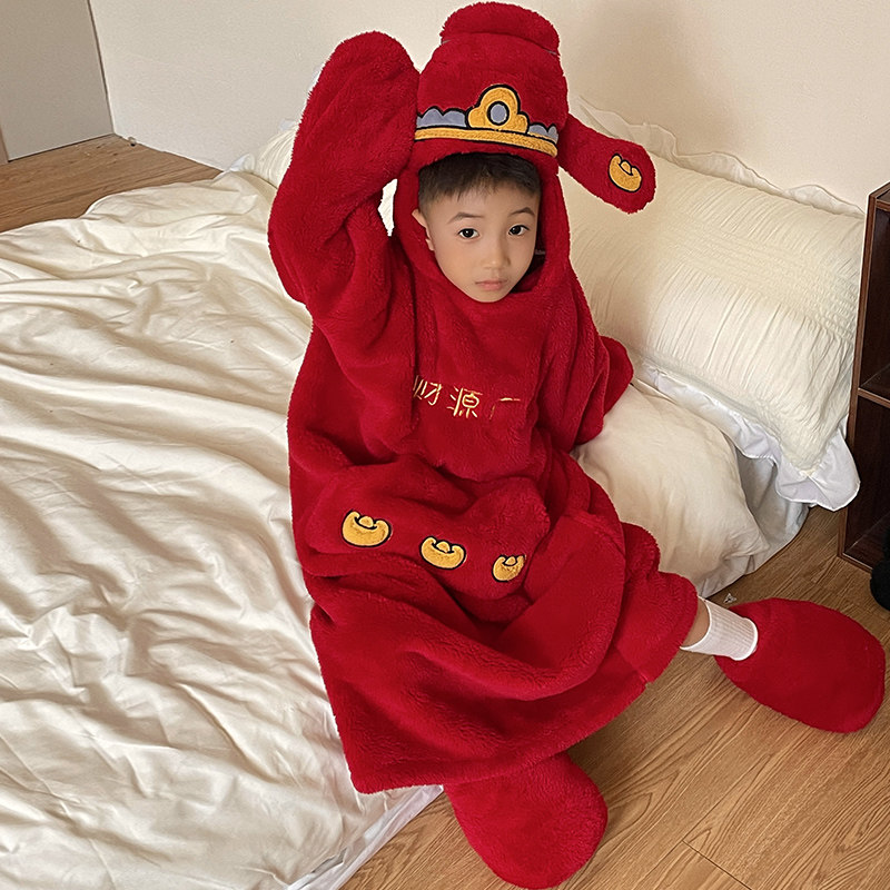 男童保暖防着凉睡袋珊瑚绒儿童冬季连体睡衣男孩本命年红色家居服