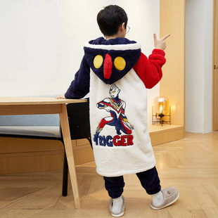 法兰绒奥特曼宝宝小男孩睡袍套装 儿童睡衣男童秋冬季 珊瑚绒加厚款