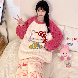 珊瑚绒睡衣女款套装2025新款hellokitty可外穿家居服少女冬天衣服