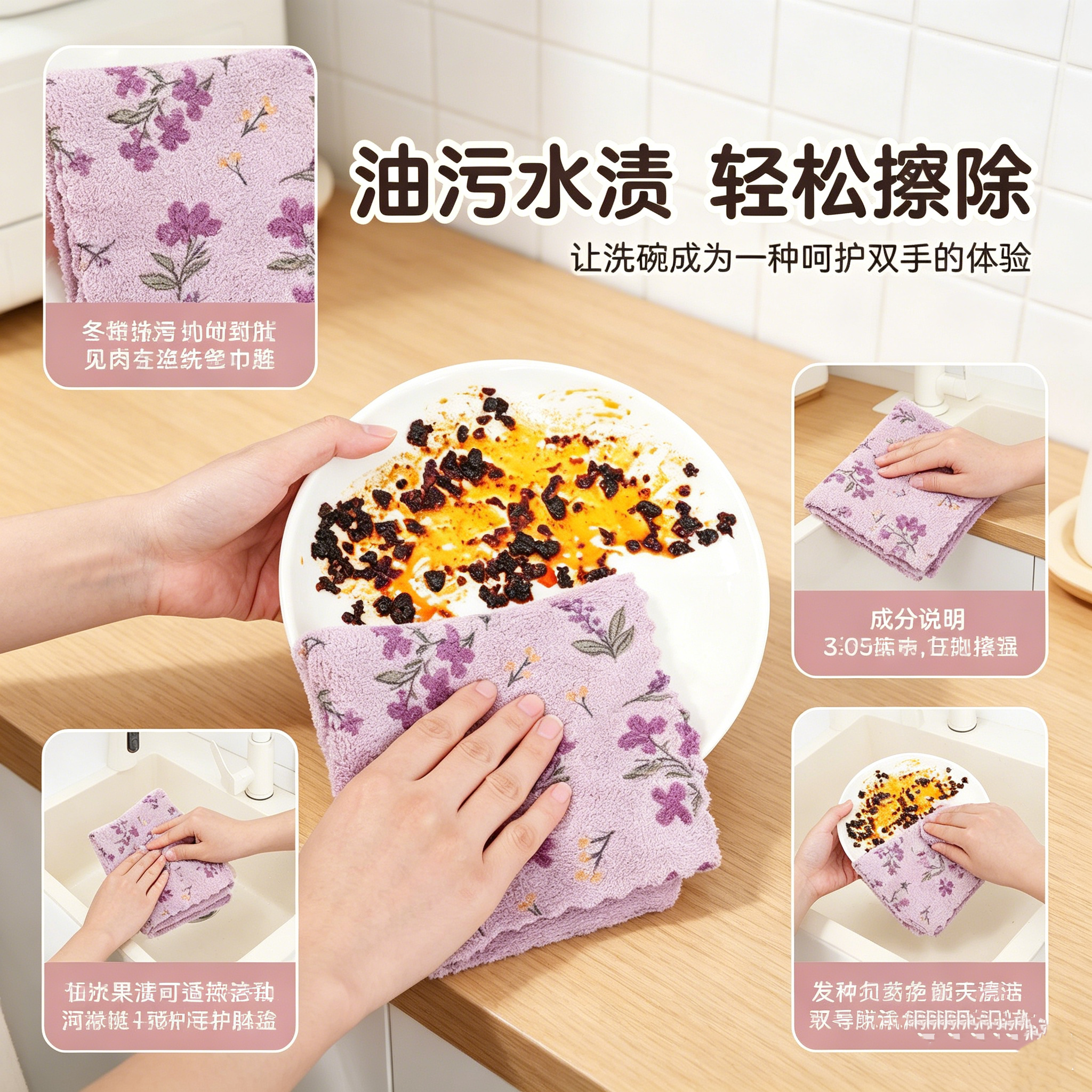 珊瑚绒洗碗布家用碎花不掉毛紫丁香厨房抹布超强吸水清新印花抹布