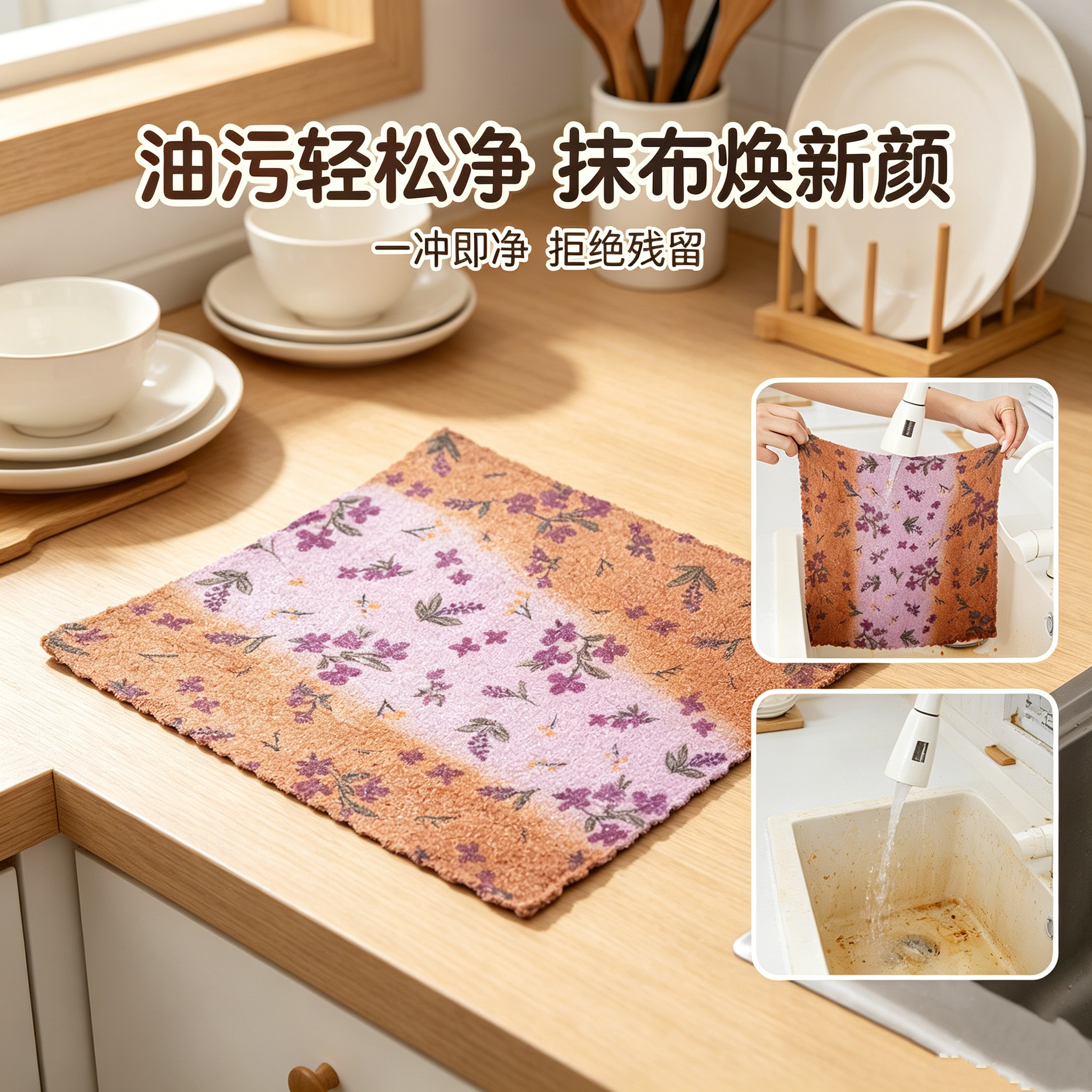 珊瑚绒洗碗布家用碎花不掉毛紫丁香厨房抹布超强吸水清新印花抹布