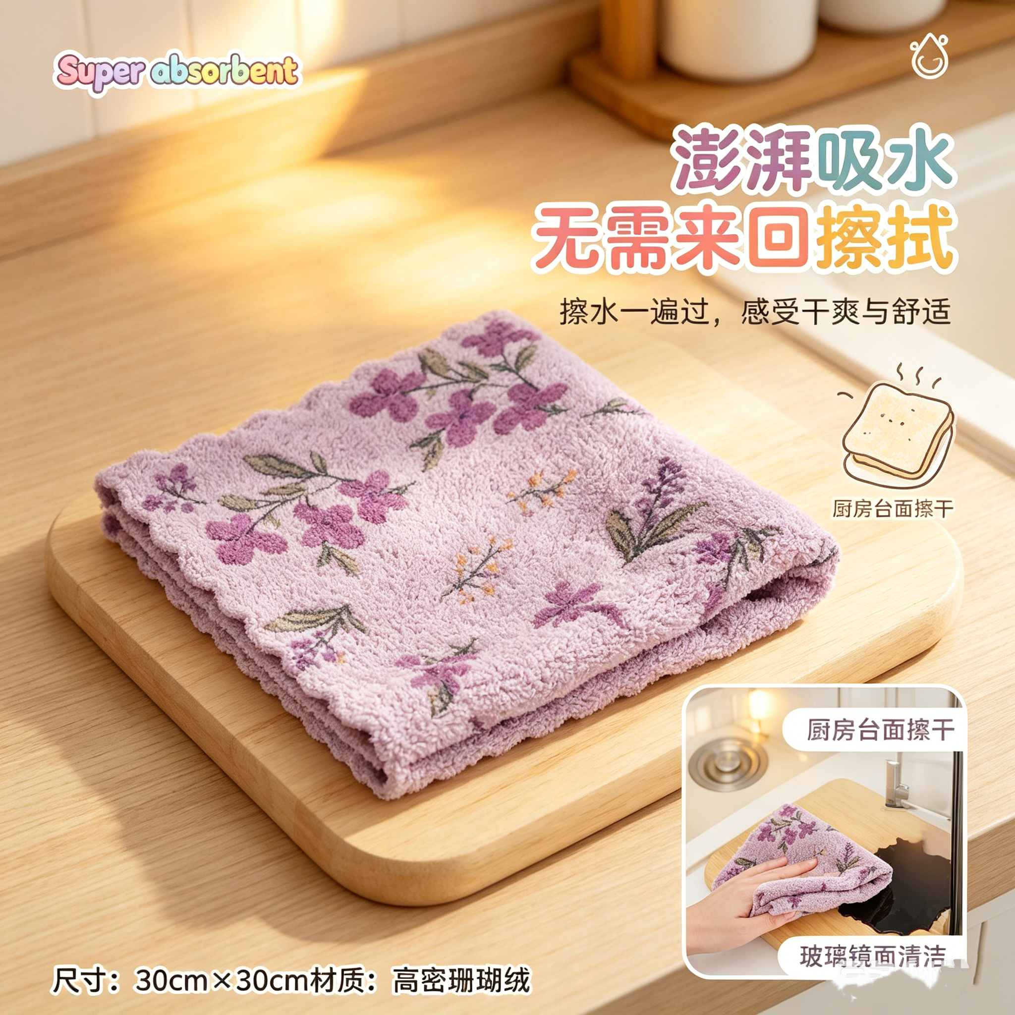 珊瑚绒洗碗布家用碎花不掉毛紫丁香厨房抹布超强吸水清新印花抹布