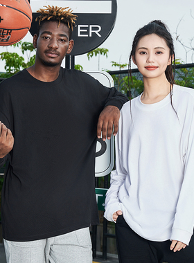 准者长袖T恤宽松情侣款秋季篮球运动纯色打底衫纯棉重磅圆领上衣