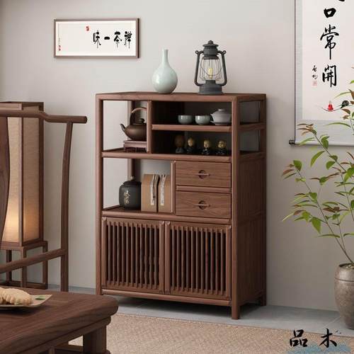 新中式实木博古架老榆木置物架现代简约多宝阁家用黑胡桃木书架