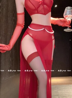 欧美dress红色性感套装纯欲透视网纱睡裙珍珠炼条带钢圈文胸睡裙