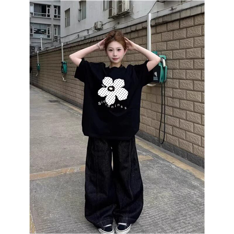 2026夏季新款黑色纯棉短袖t恤女计感小众百搭慵懒风宽松半袖上衣