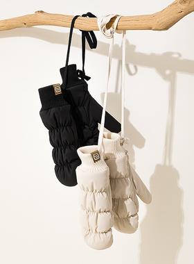 修身包指手套女生弹力加绒保暖闷子冬天骑车防风防雨连指手套挂脖