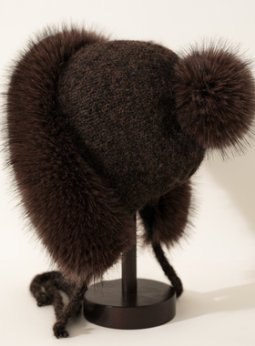 毛绒绒公主帽女冬季保暖加绒加厚针织帽韩版百搭系带护耳帽防寒帽