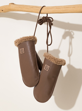 小中童皮闷子手套秋冬保暖儿童包指手套加绒厚并指防水男女宝挂脖