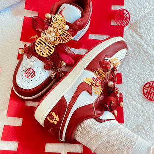 婚鞋配饰Aj鞋带红色结婚装饰挂件DIY配饰丝绸鞋带喜字鞋扣可拆卸