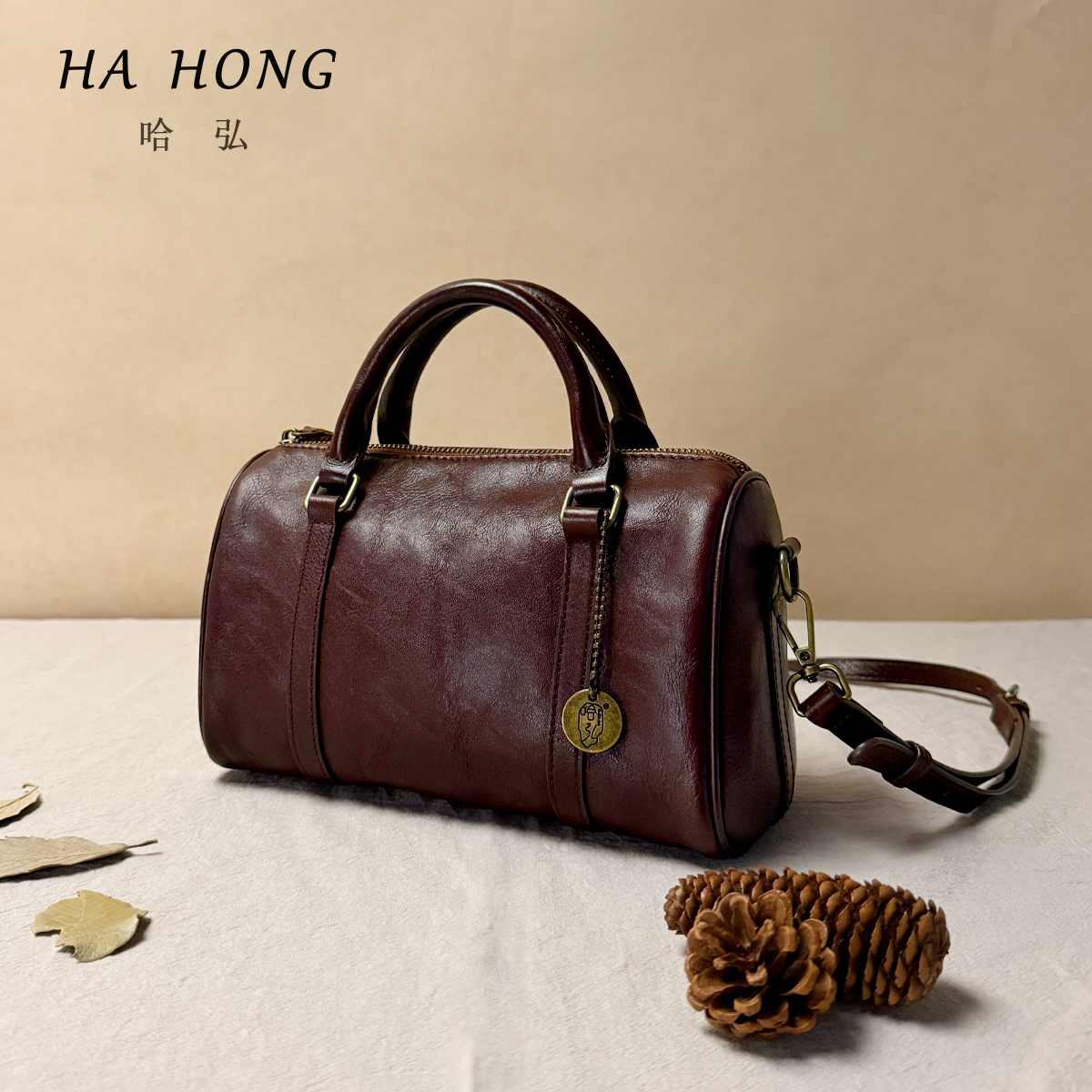 头层牛皮波士顿包日常斜挎包