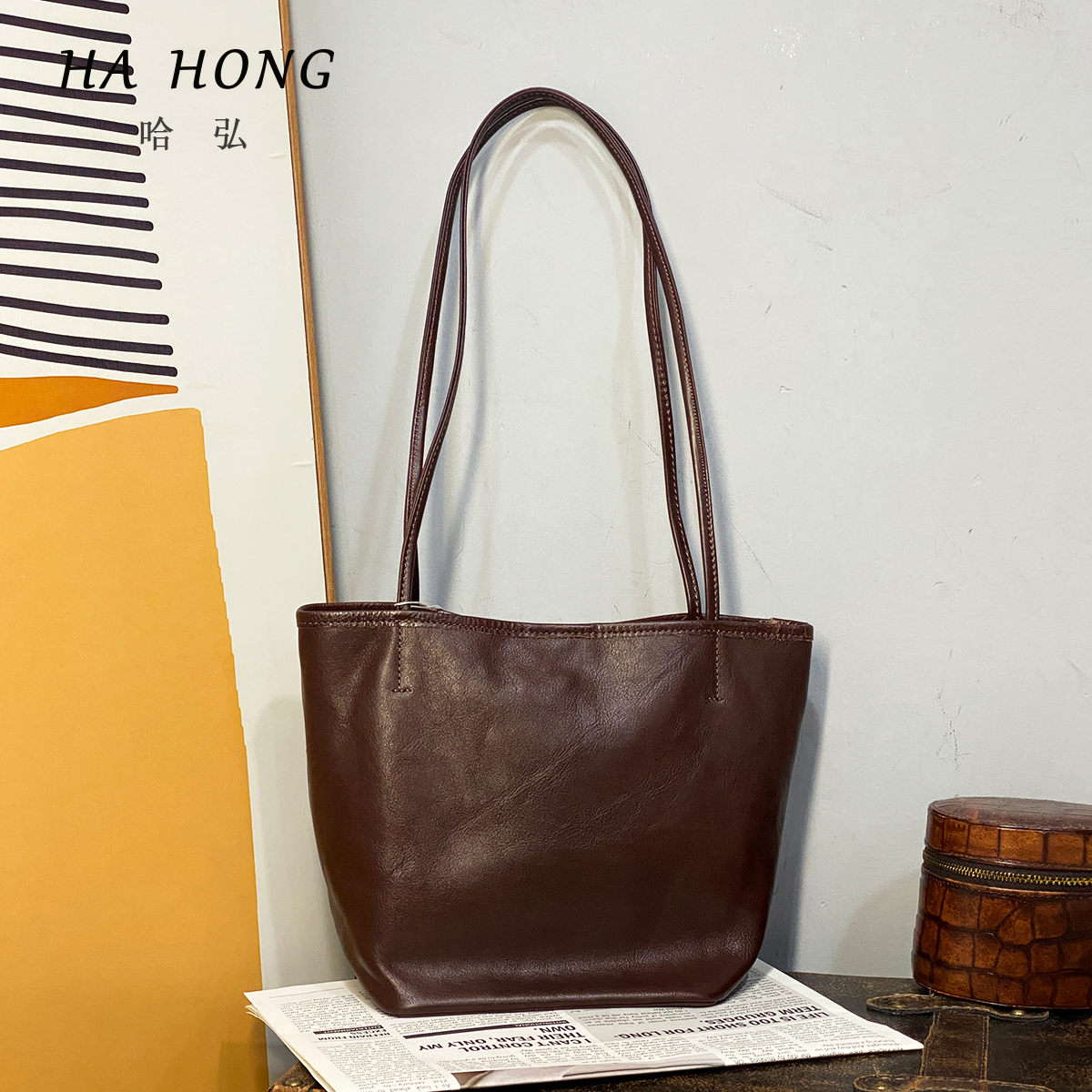 哈弘头层牛皮腋下包简约托特包慵懒风高级大气复古水桶包时尚百搭