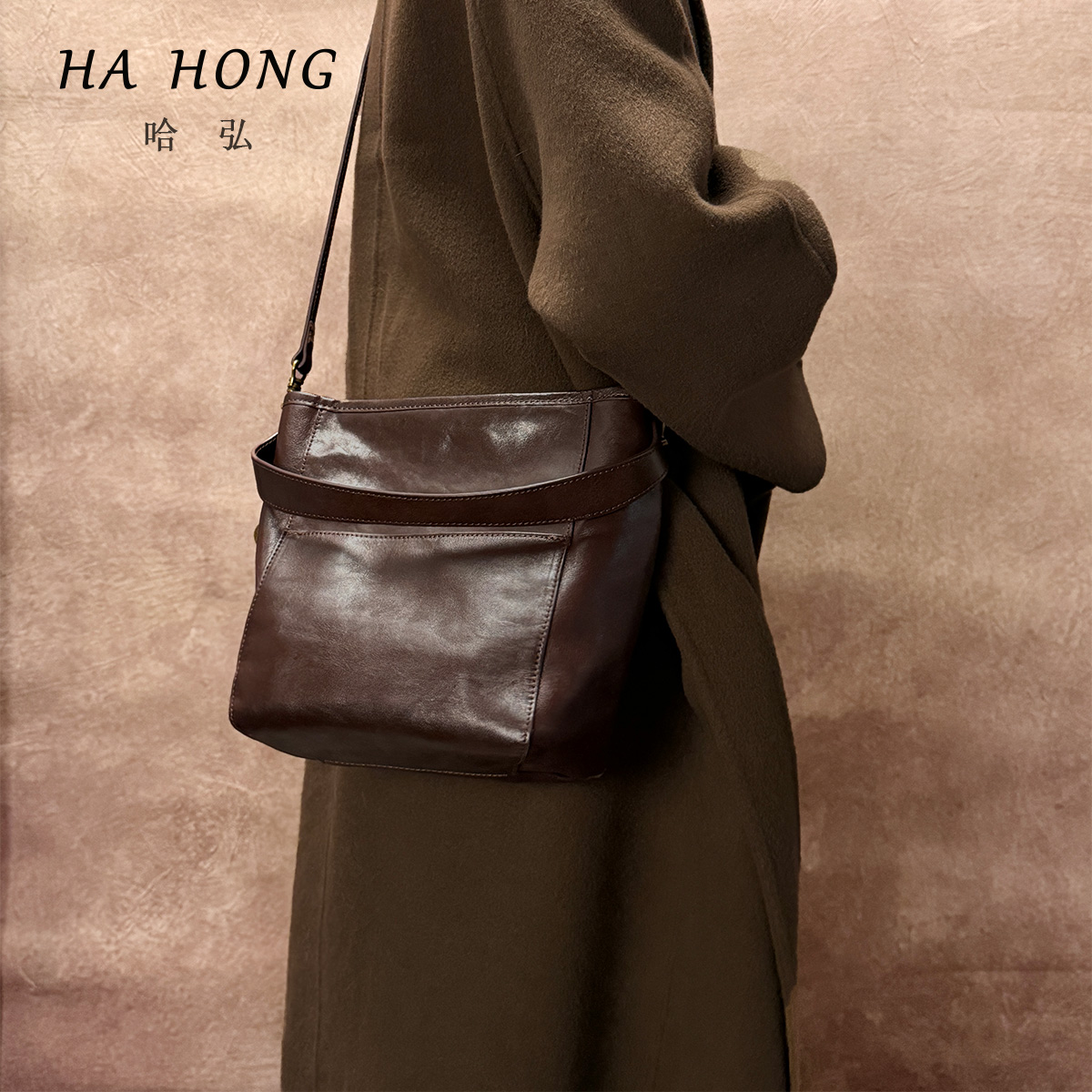 头层植鞣牛皮女包哈弘水桶包复古