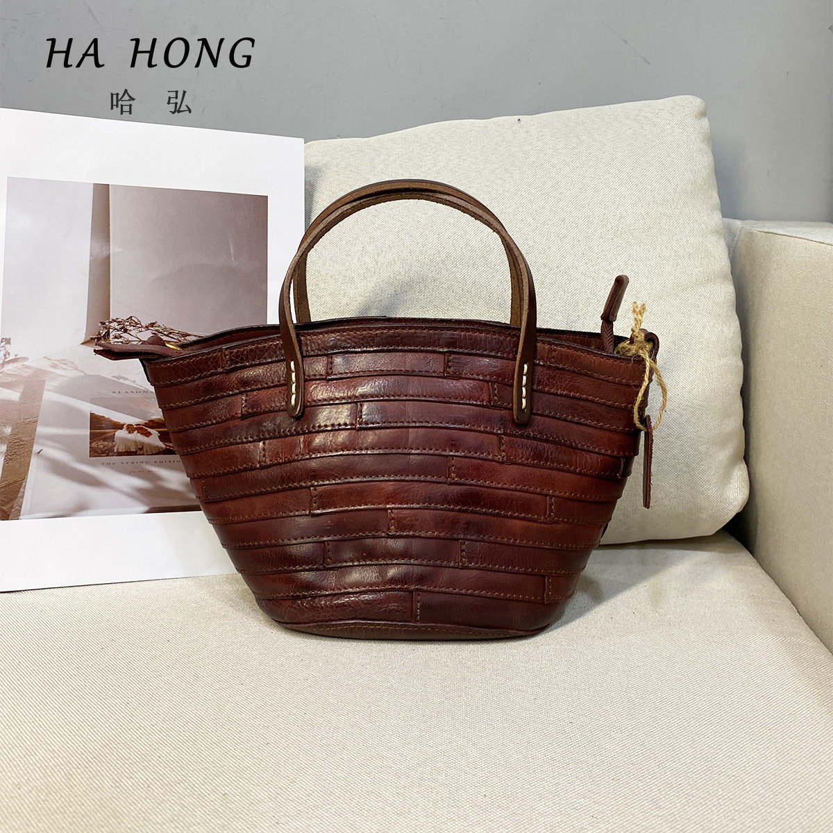 哈弘新款头层牛皮托特水桶包百搭小菜篮子拼接女包通勤单肩斜挎包,箱包皮具/热销女包/男包,通用款女包,淘宝优惠券,粉丝福利购,淘宝优惠卷