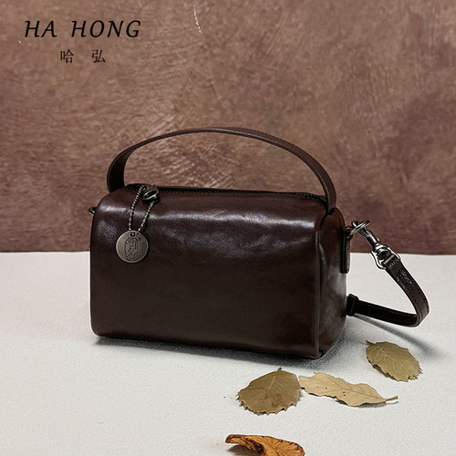 哈弘植鞣头层牛皮软皮手提斜挎包金吐司小方包简约百搭复古大气