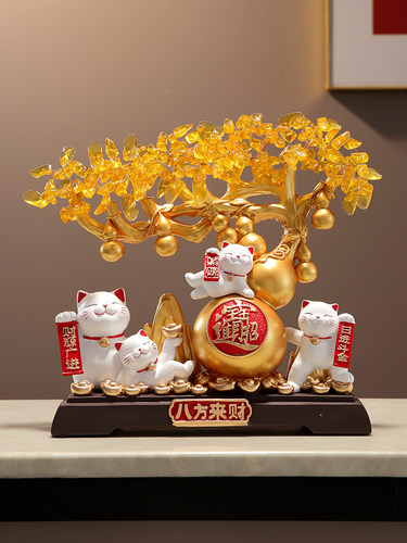 新中式招财猫发财树摆件店铺前台收银台客厅装饰品开业乔迁送礼物