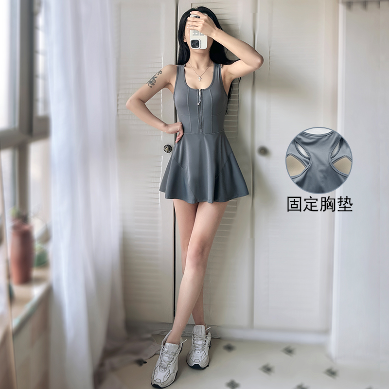 lulu防走光拉链打底运动连衣裙女款户外跑步上衣网球服连体健身裙