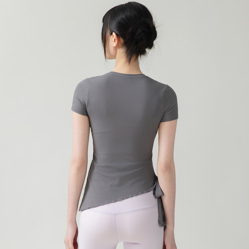 速干透气绑带瑜伽服短袖修身显瘦不规则运动T恤跑步健身训练上衣