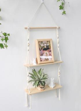 北欧风ins民宿两层木板置物架墙面装饰客栈宿舍背景墙幼儿园壁挂