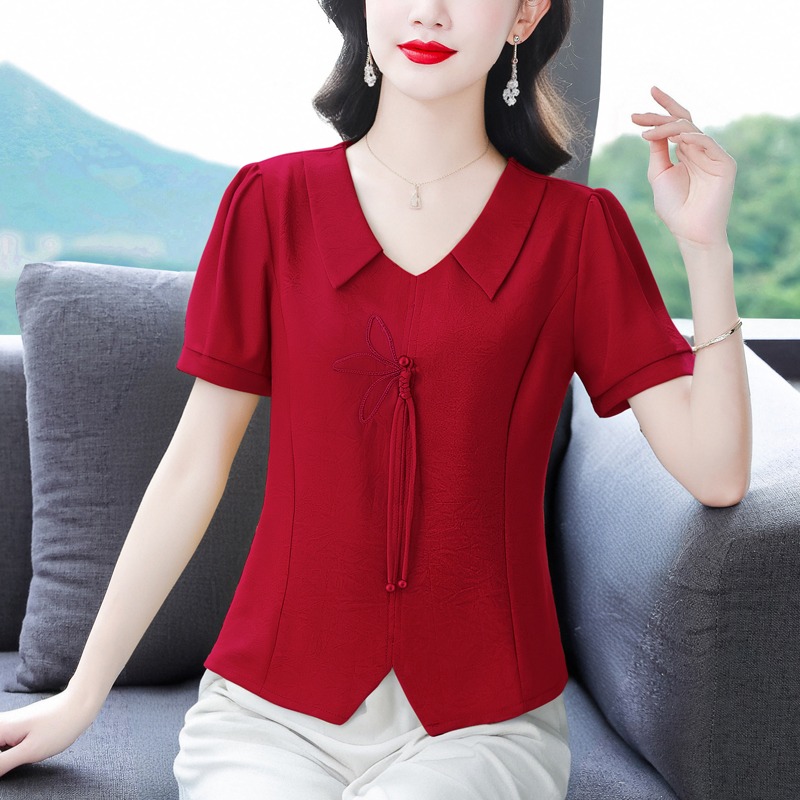 红色娃娃领短袖衬衫女士夏季新款盘扣刺绣小衫妈妈装T恤上衣0709d