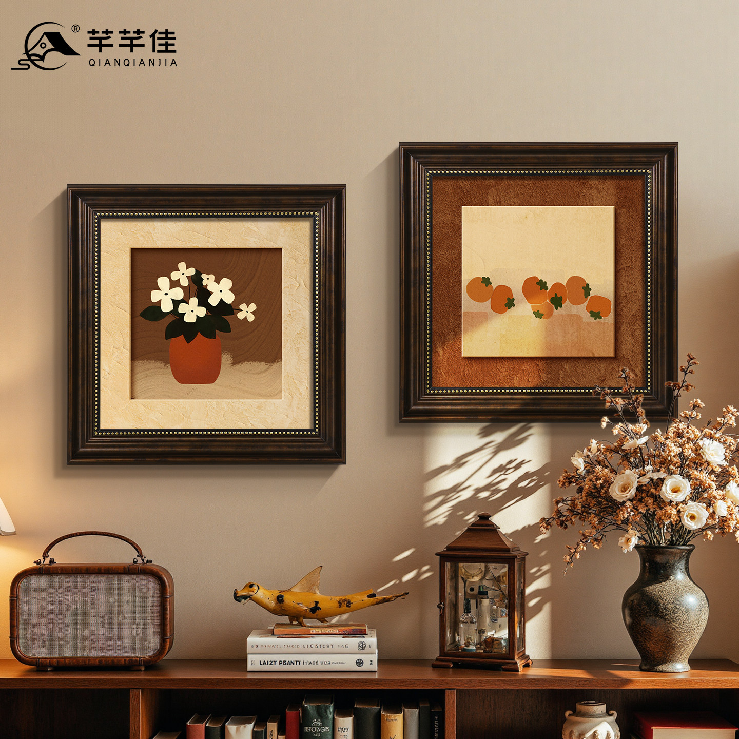 法式中古风餐厅背景墙挂画小众艺术客厅大白墙装饰画正方形墙壁画