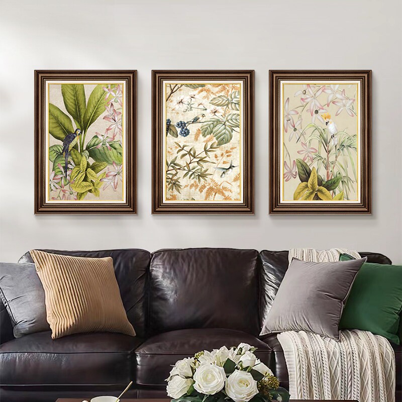 美式挂画客厅装饰画沙发背景墙大白墙三联画复古油画法式餐厅壁画