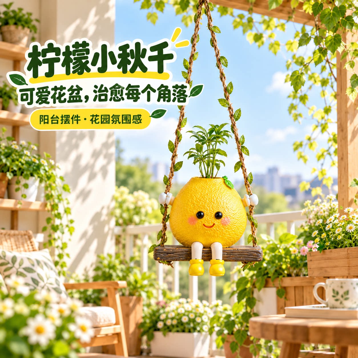 创意可爱柚子秋千摆件
