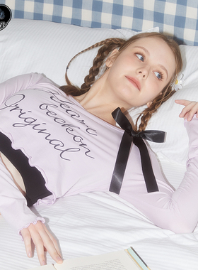 HEARTBECKON原创设计夏季新款辣妹性感露肩薄款蝴蝶结纯棉长袖T恤