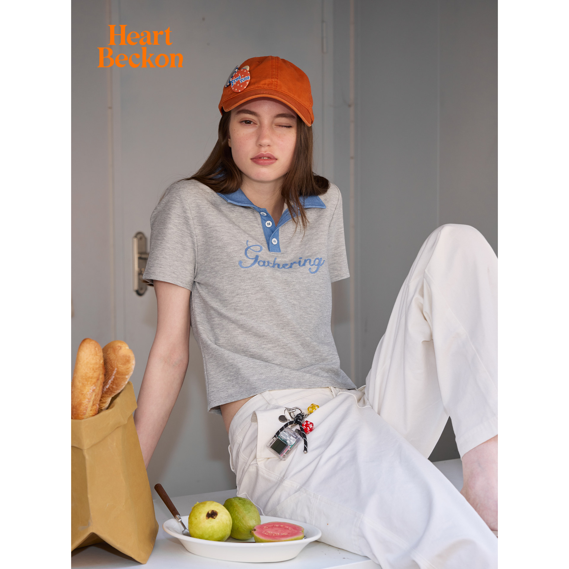 HEART BECKON撞色拼接锁链绣合身短款休闲polo衫